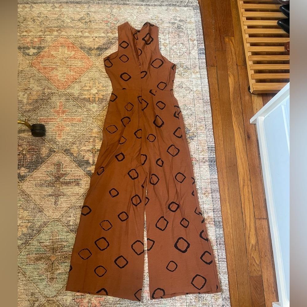 Anthropologie Rust Orange Geometric Twist-Halter Jumpsuit - Picture 6 of 8
